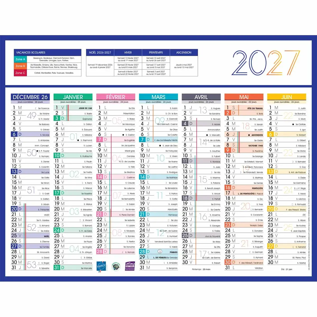 Calendrier 2027 banque Couleurs 14 mois - 27x21cm - Janvier &agrave; d&eacute;cembre photo du produit
