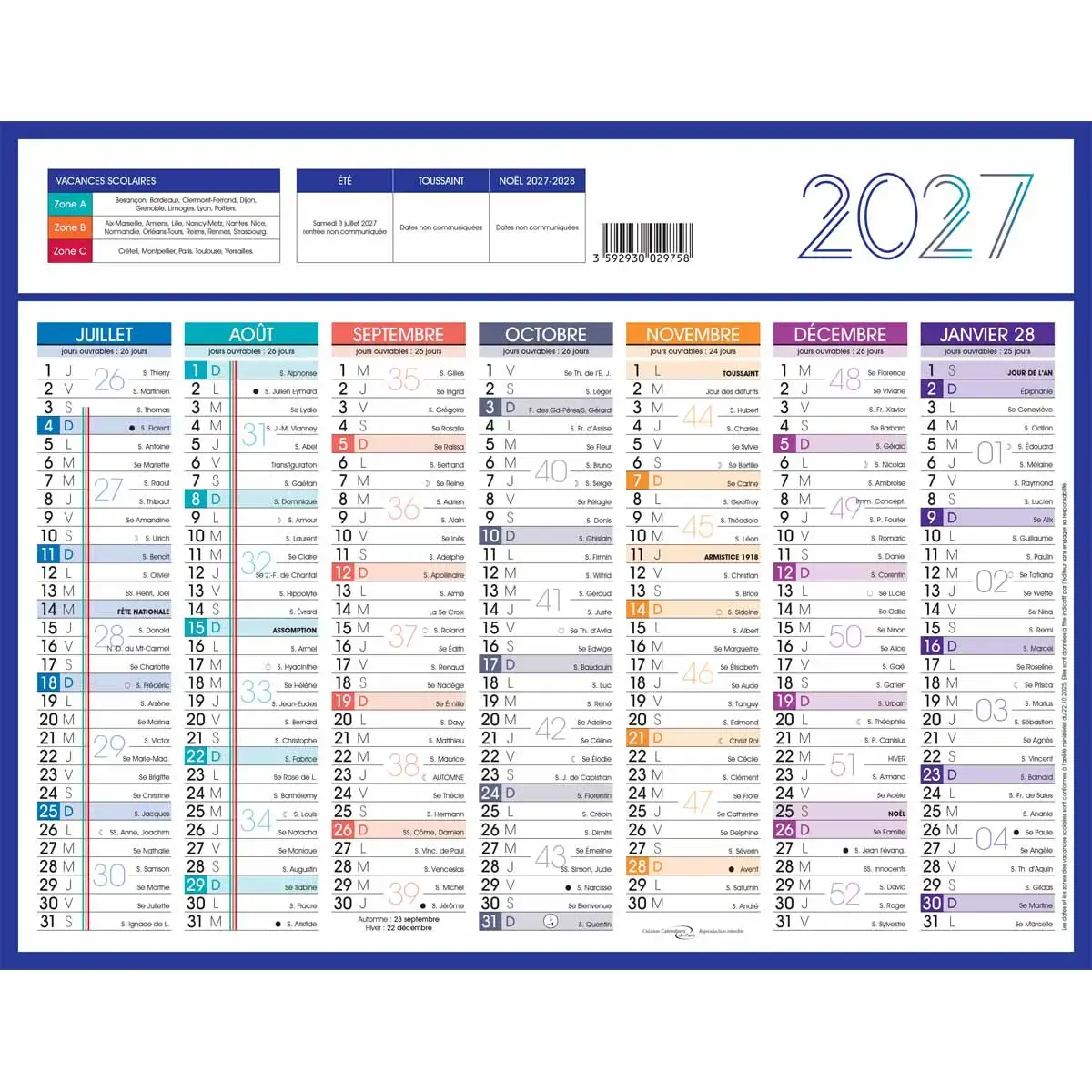 Calendrier 2027 banque Couleurs 14 mois - 27x21cm - Janvier &agrave; d&eacute;cembre photo du produit