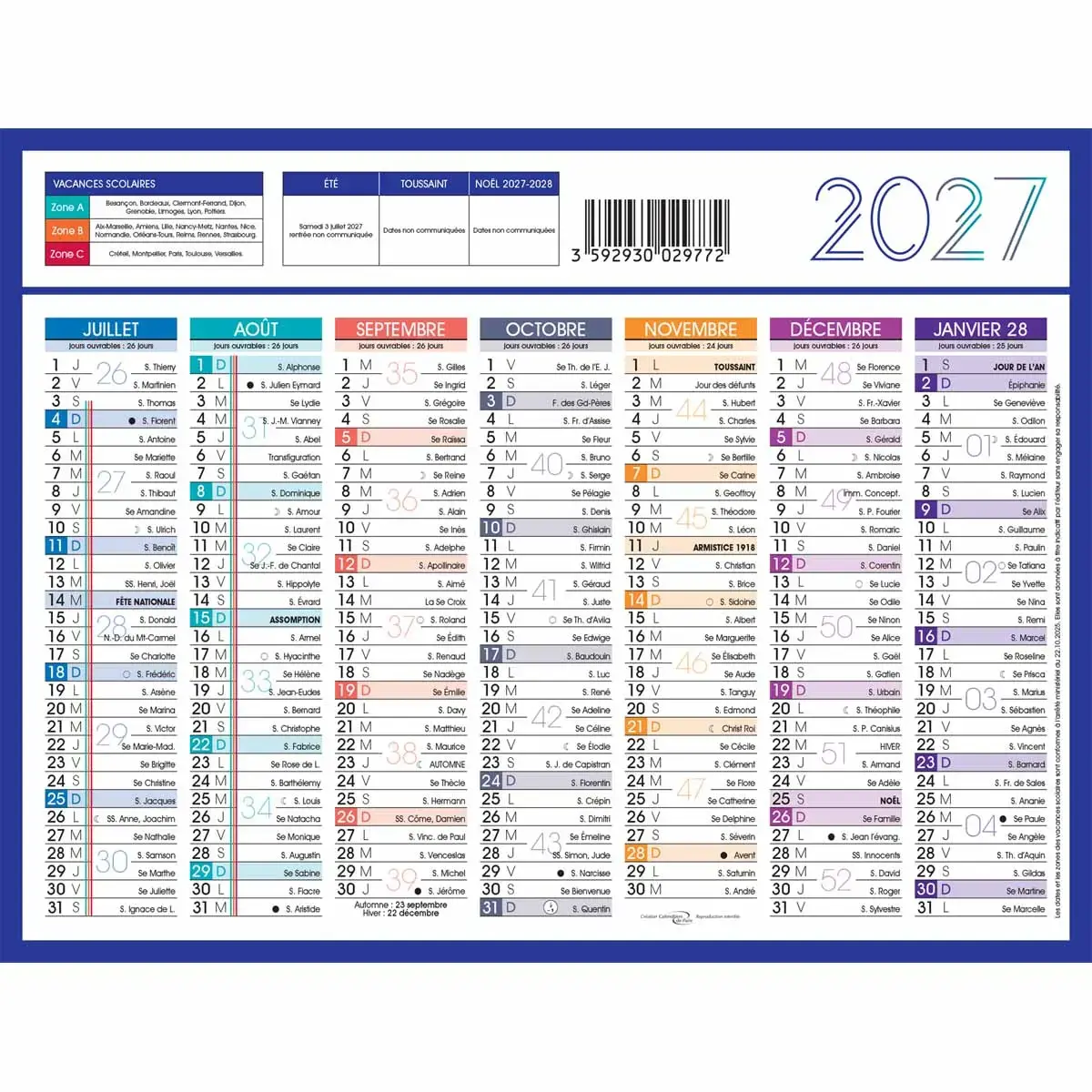 Calendrier 2027 de banque couleurs 14 mois Janvier &agrave; D&eacute;cembre - 17 x 13 cm photo du produit
