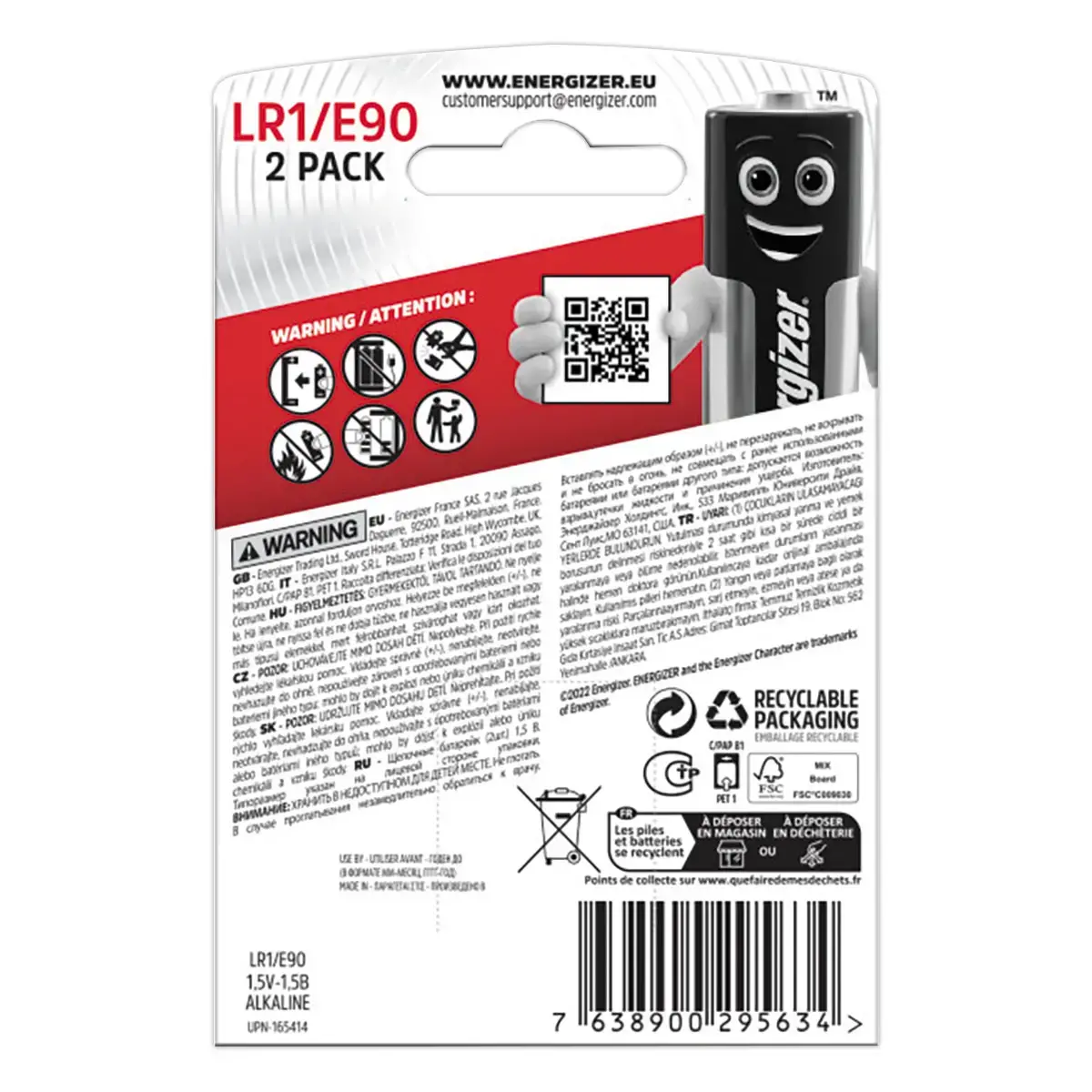 2 Piles alcalines LR1/E90 - 1,5V - Energizer photo du produit