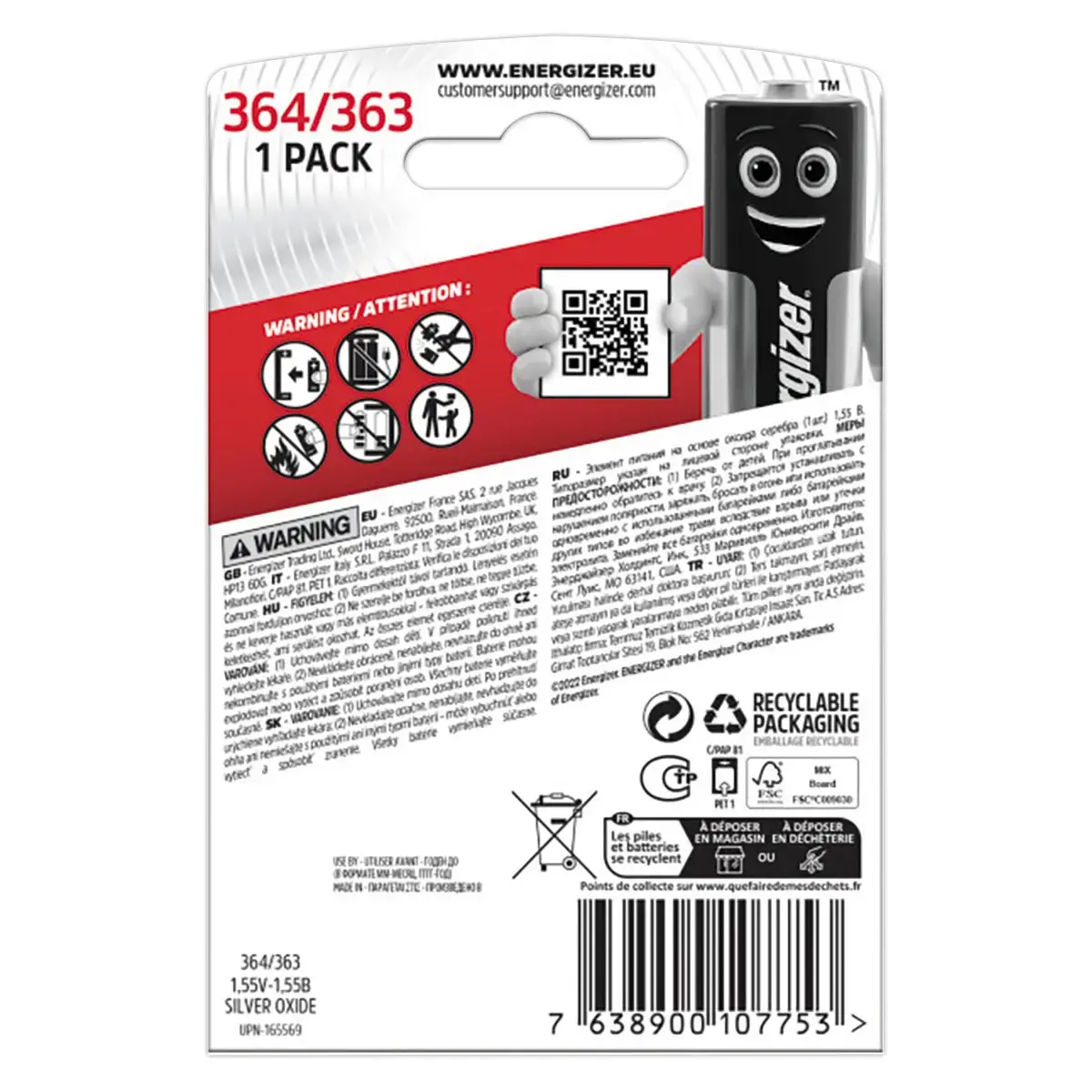 Pile oxyde d'argent 364/363 - 1,55V - Energizer photo du produit
