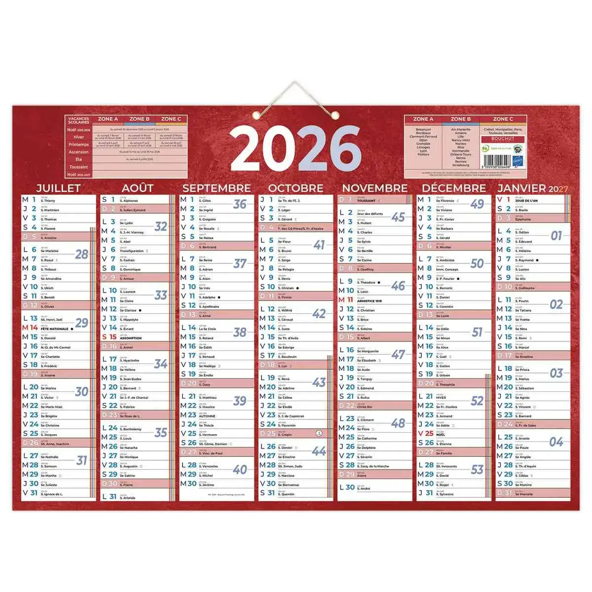 5 Calendriers banque - Rouge - 13 mois - 54x38,5 cm - Janvier &agrave; d&eacute;cembre - BOUCHUT GRANDREMY photo du produit