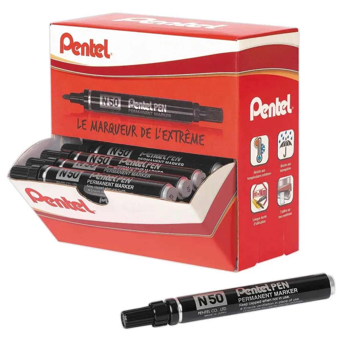36 Marqueurs encre indélébile N50 - Pointe ogive - Noir - Pentel photo du produit