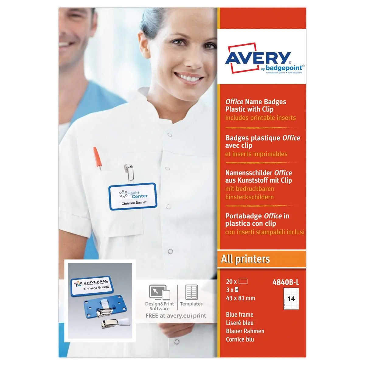 20 Badges Office bleu avec clip de suspension métal - 37 x 75 mm photo du produit