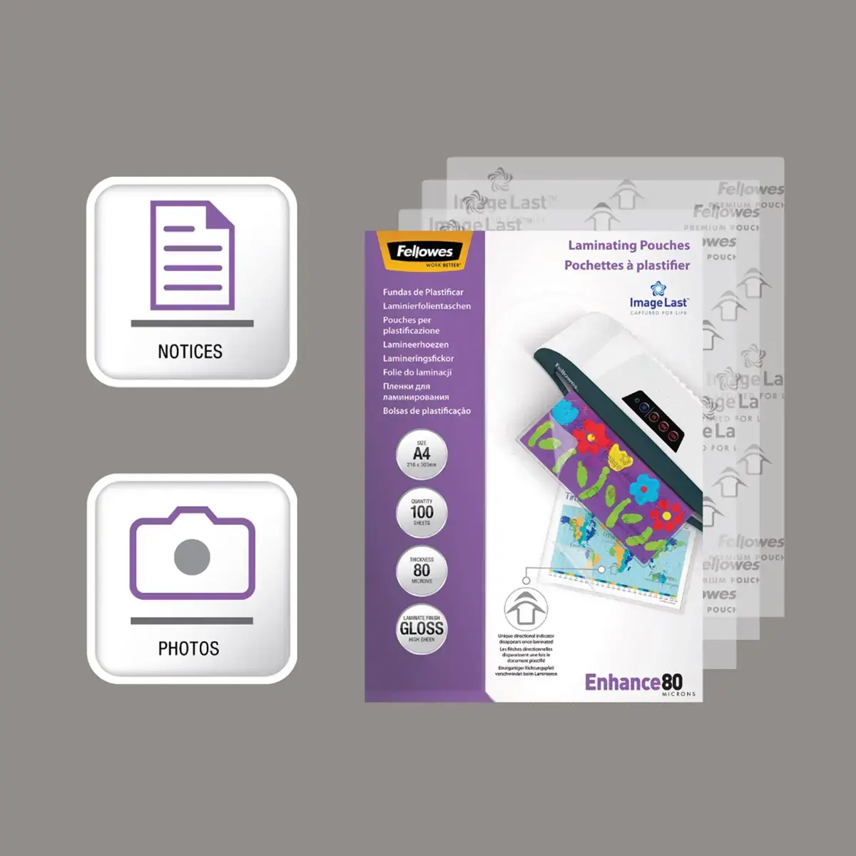 100 Pochettes de plastification brillantes ImageLast - A4 - 80µ - Fellowes photo du produit