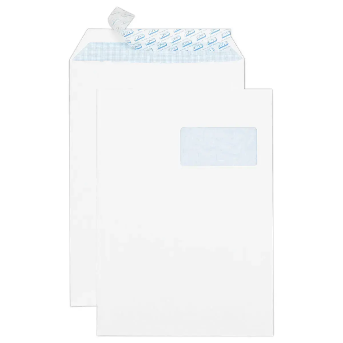 50 Pochettes blanches bande siliconée 229x324 mm avec fenêtre 50x100 90g photo du produit