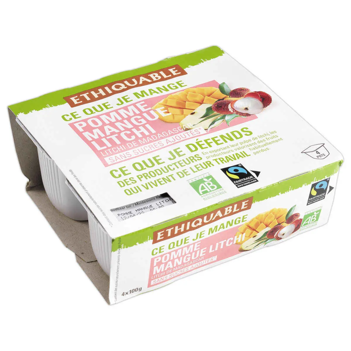 4 Pots pur&eacute;e de fruits BIO - Pomme, mangue, litchi - 4x100g - Ethiquable photo du produit