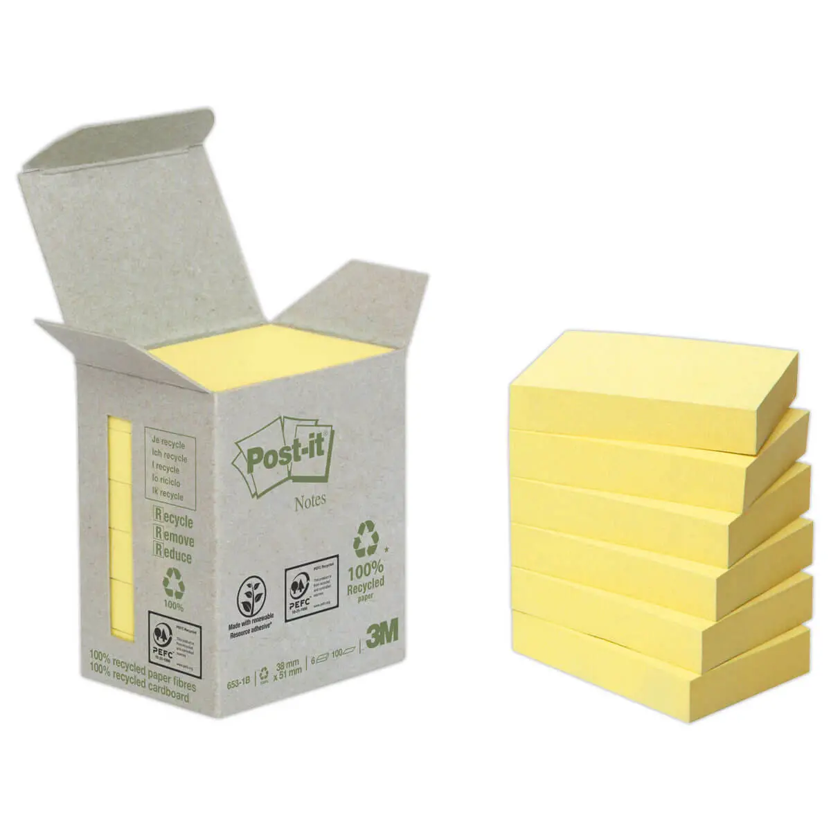 6 Blocs de notes repositionnables recyclées - 3,8 x 5,1 cm - Jaune - Post-It photo du produit