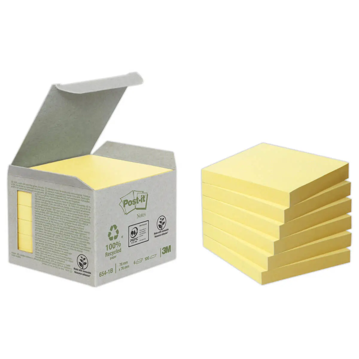 6 Blocs de notes repositionnables recyclées - 7,6 x 7,6 cm - Jaune - Post-It photo du produit