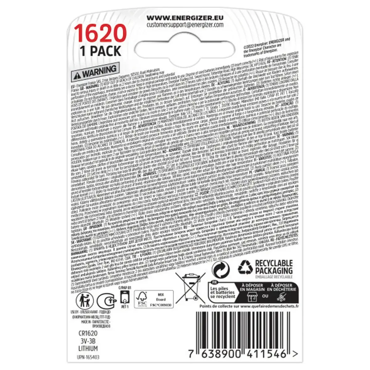 Pile lithium Miniature CR1620 - 3V - Energizer photo du produit