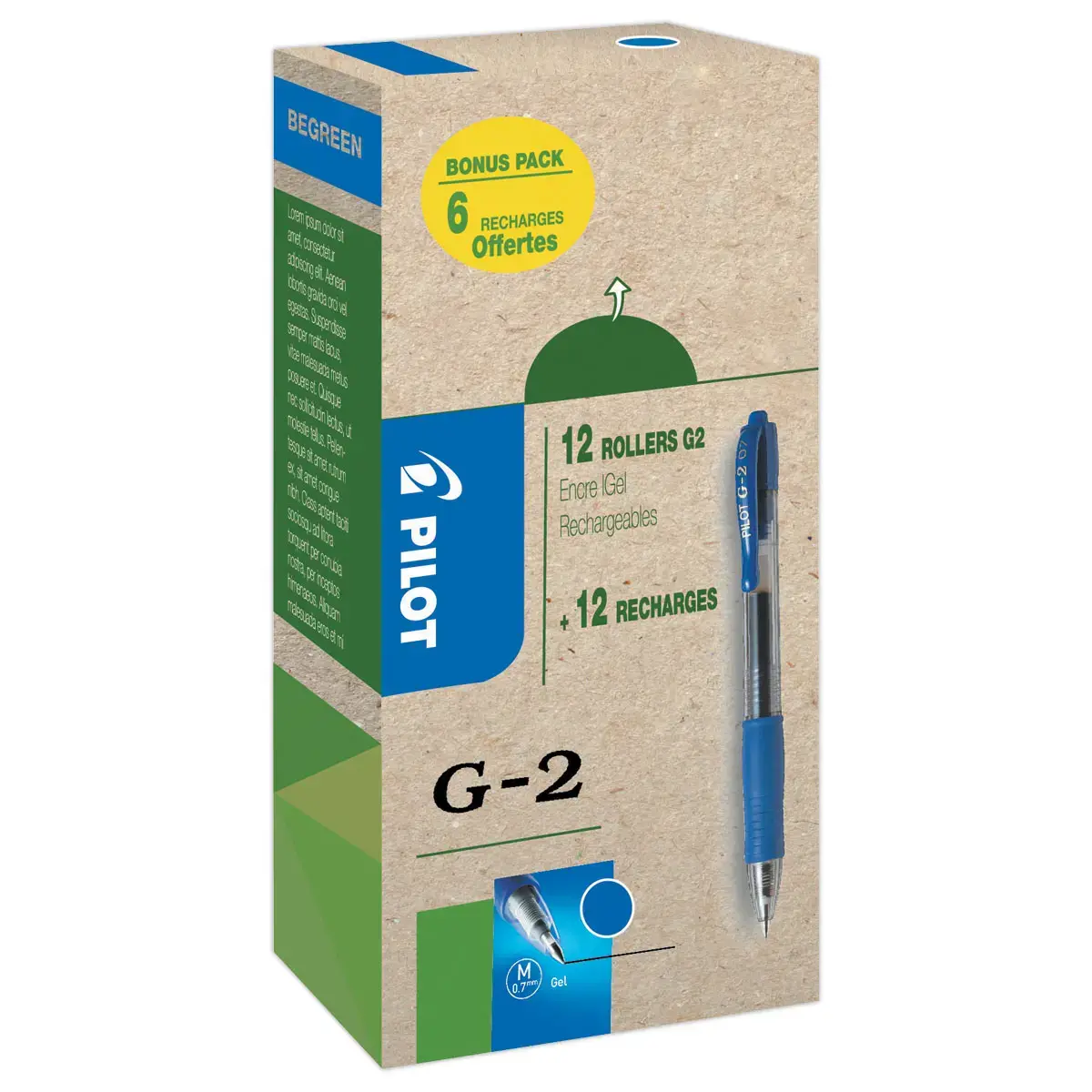 12 Stylos bille gel rétractable G2 + 12 (dont 6 gratuites) recharges - Bleu - Pilot photo du produit