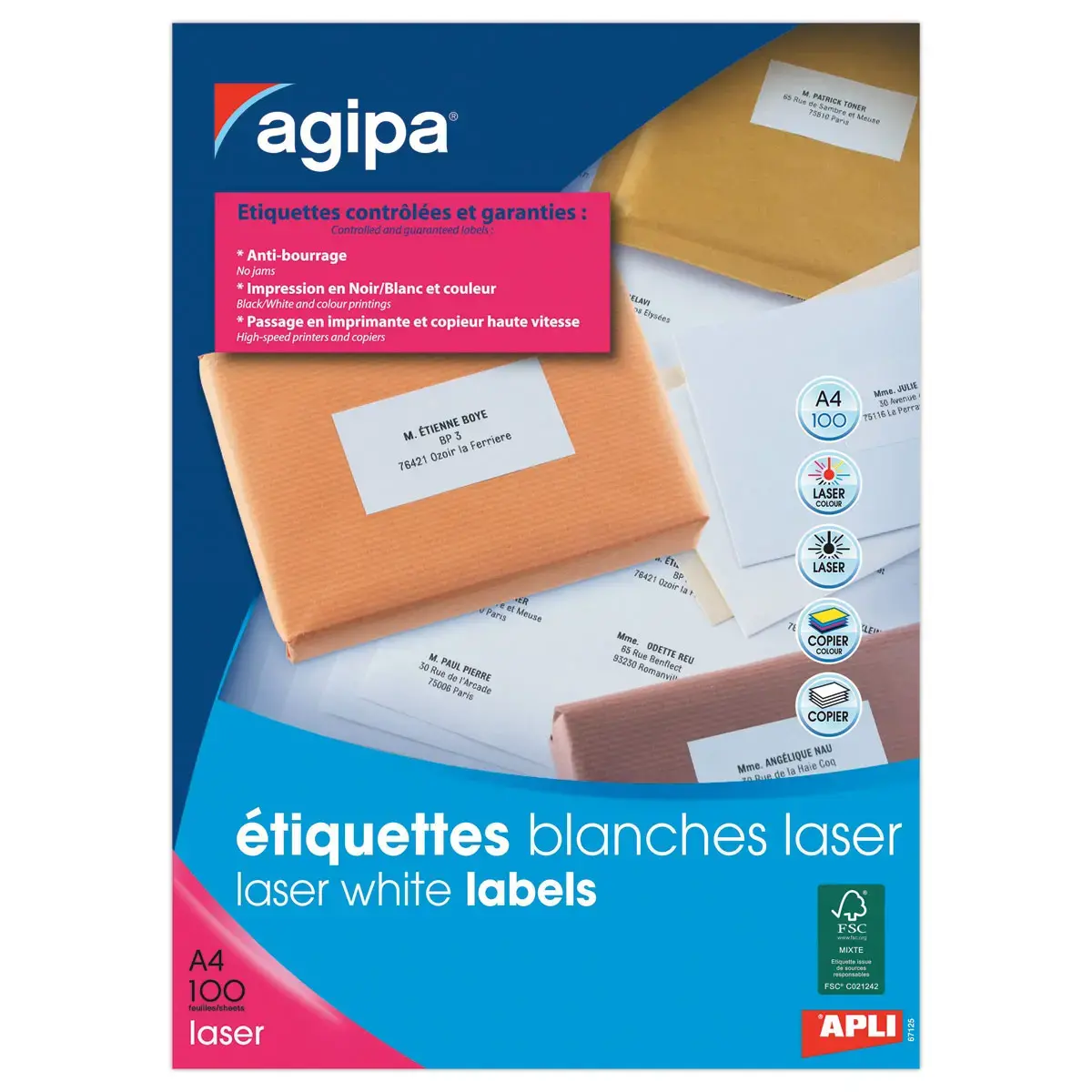 100 Planches d'étiquettes laser 63,5 x33,9mm soit 2400 étiq/boîte - APLI photo du produit