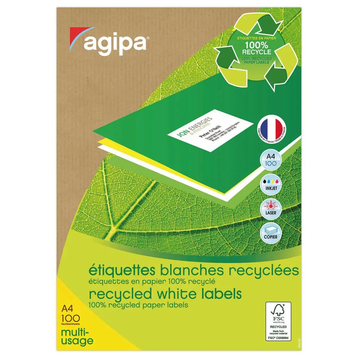 100 Planches d'&eacute;tiquettes laser 100% recycl&eacute;es 63,5X38,1 mm soit 2100 &eacute;tiq photo du produit