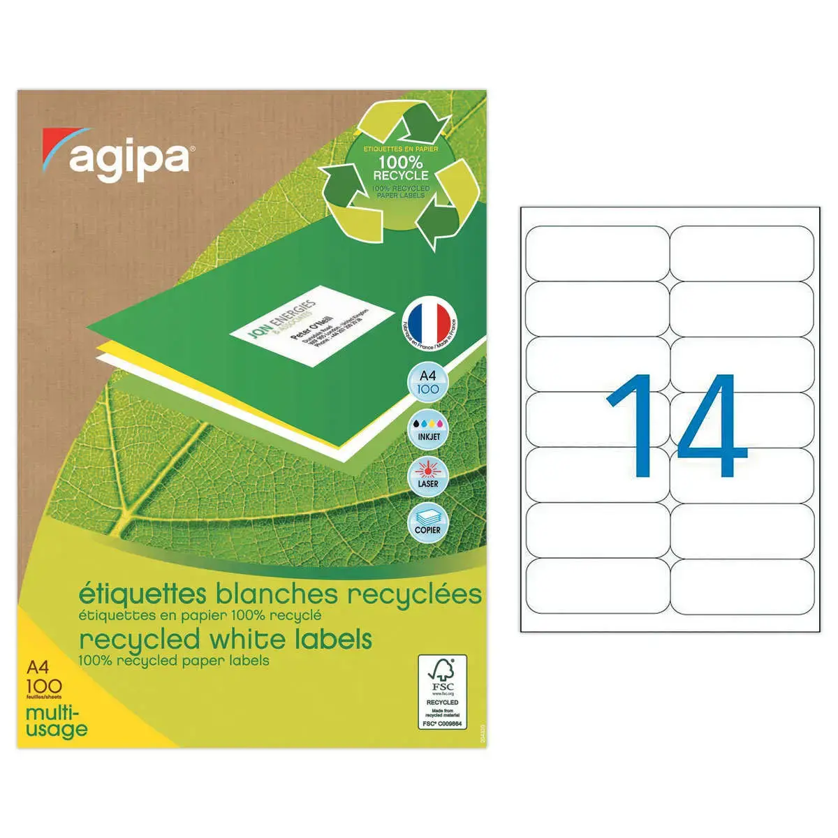 100 Planches d'étiquettes laser 100% recyclées 99,1X38,1 mm soit 1400 étiq photo du produit