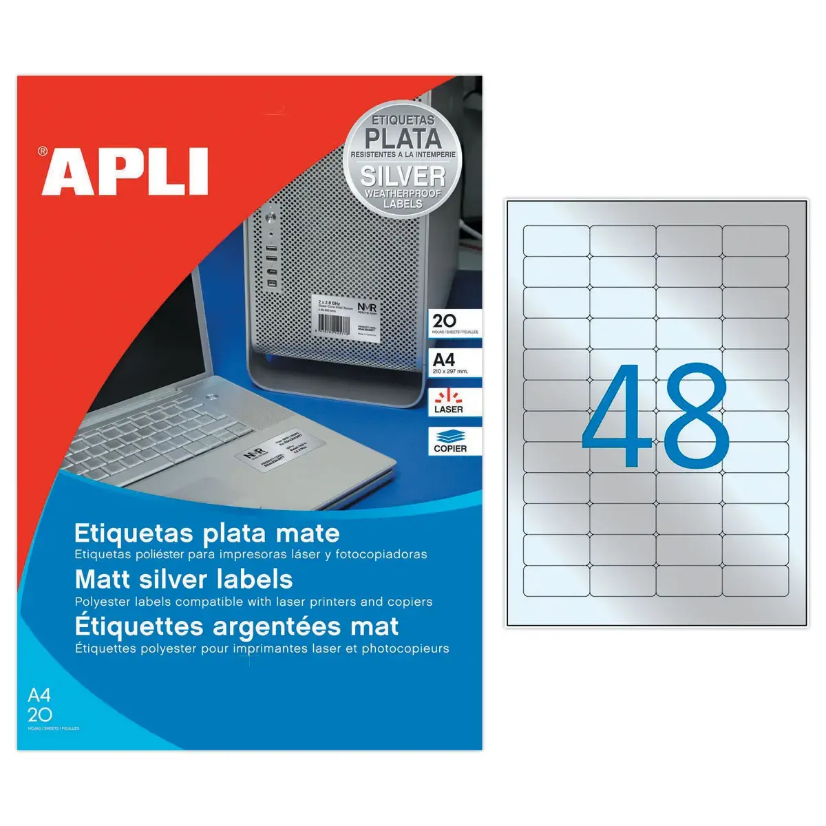 20 Planches d'&eacute;tiquettes inalt&eacute;rables laser 45,7x21,2mm 960 &eacute;tiq. argent photo du produit