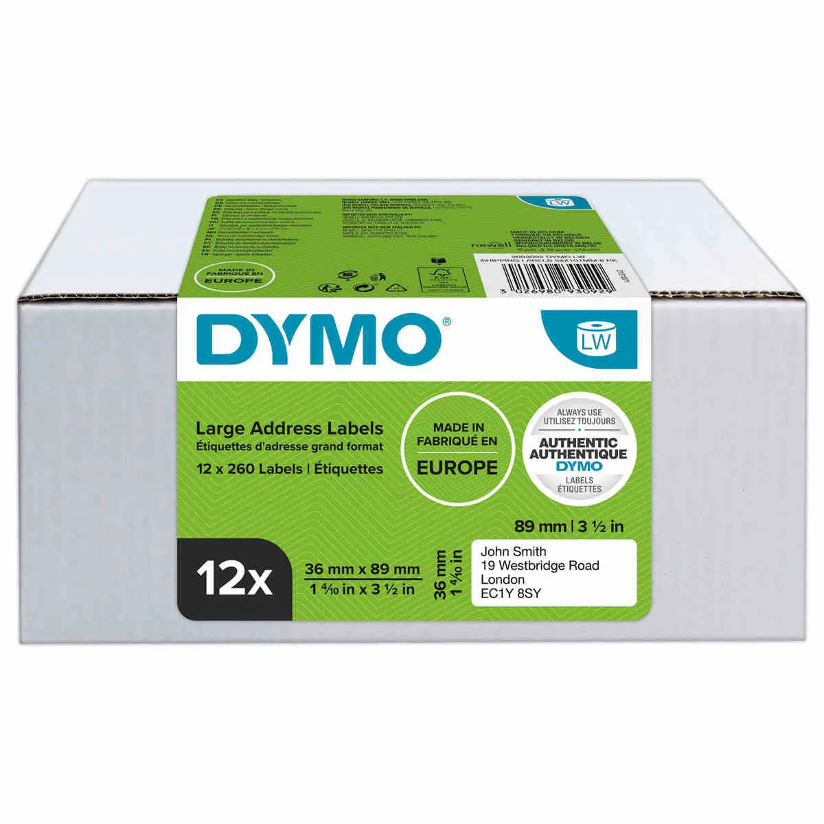12 Rouleaux de 260 &eacute;tiquettes blanches 36x89 mm pour DYMO Label Writer photo du produit
