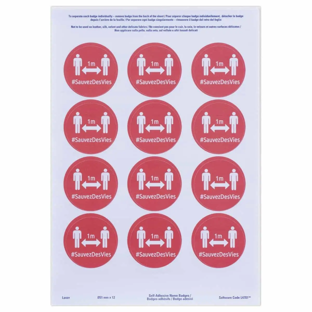 24 Badges adh&eacute;sifs ronds rouge DISTANCIATION SOCIALE photo du produit