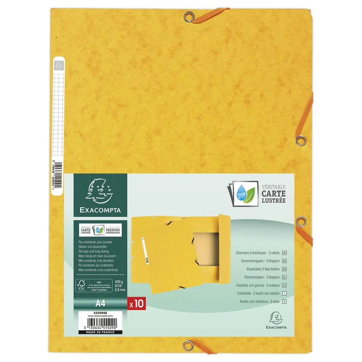 Chemise 3 rabats &agrave; &eacute;lastiques carte lustr&eacute;e - Jaune - Exacompta photo du produit