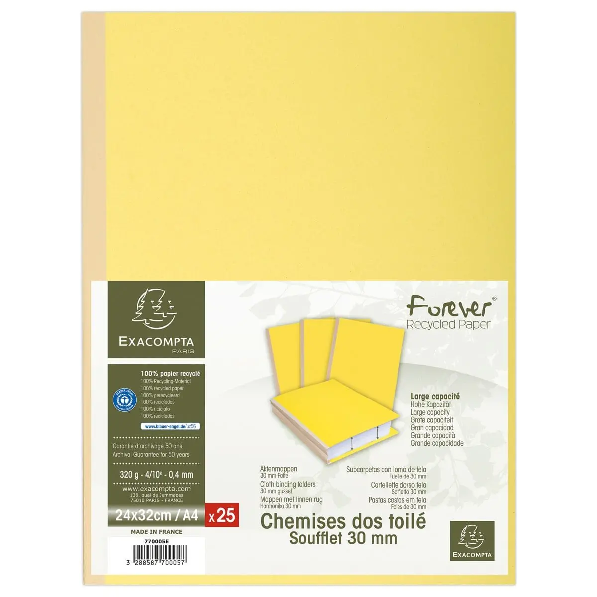 25 Chemises dos toilé Forever 320g - 24 x 32 cm - Jaune - EXACOMPTA photo du produit