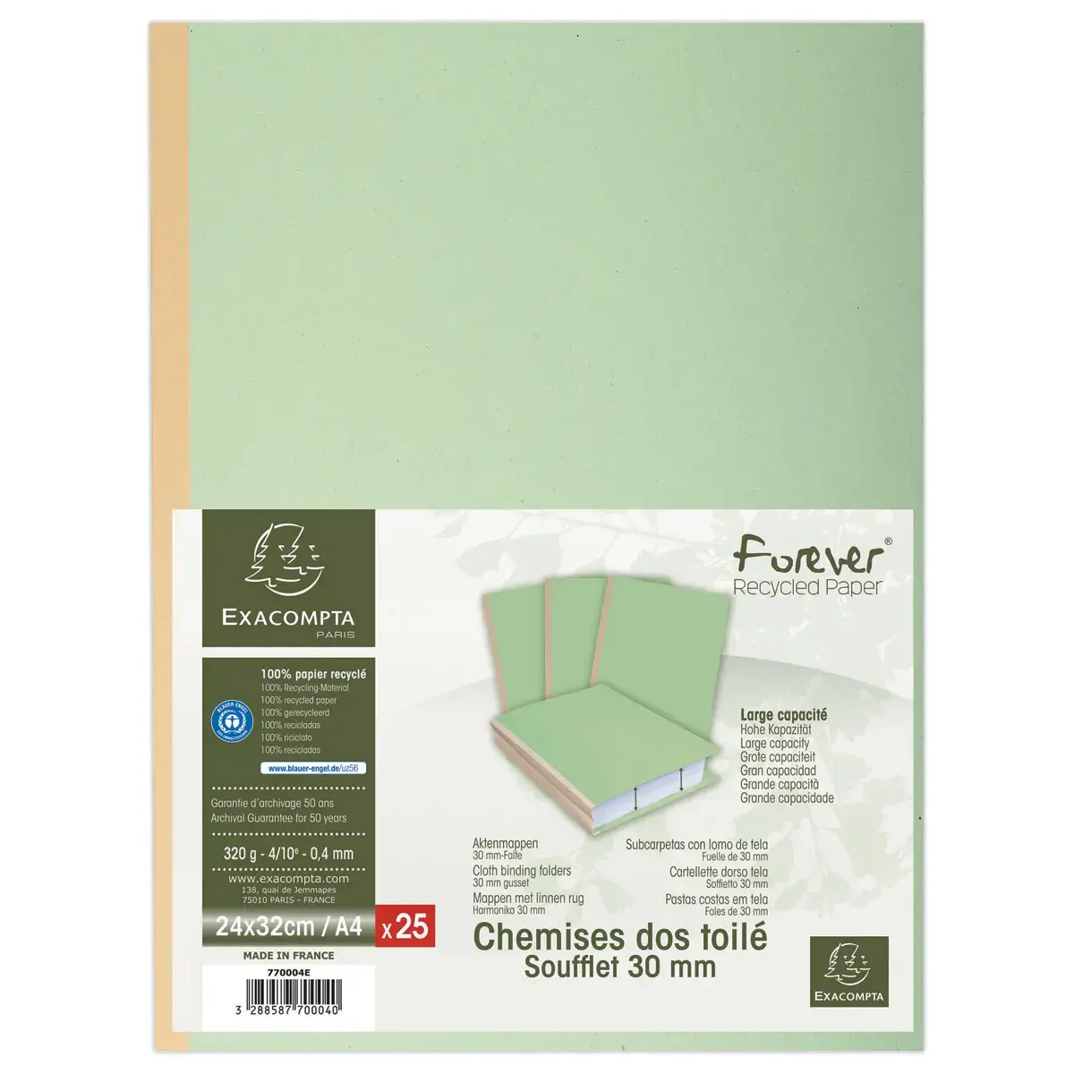 25 Chemises dos toil&eacute; Forever 320g - 24 x 32 cm - Vert - Exacompta photo du produit