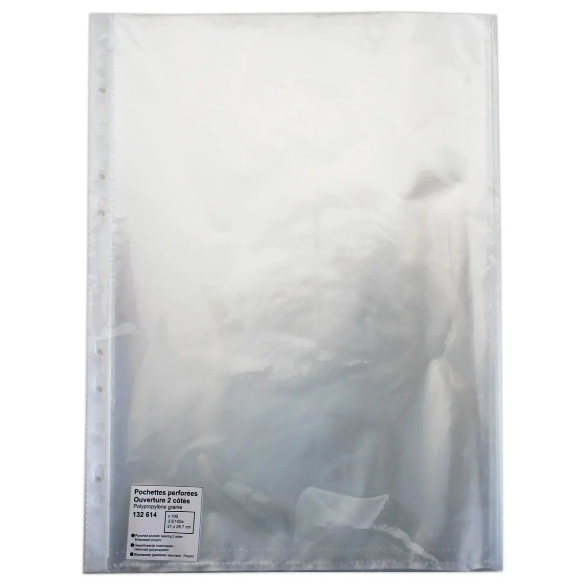 100 Pochettes perfor&eacute;es polypro ouverture 2 cot&eacute;s 35 &micro; - grain&eacute; photo du produit