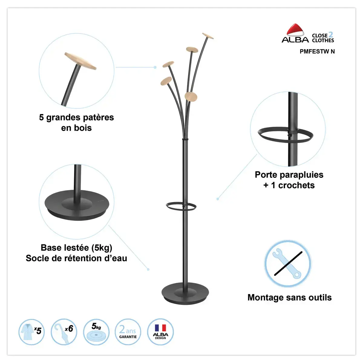 Portemanteau Festy - H 1.75 m - Noir et bois - ALBA photo du produit