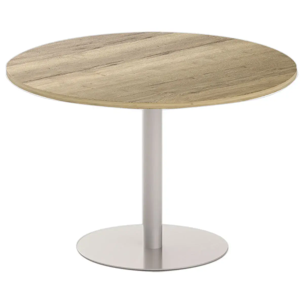 Table ronde diam 116 cm plateau ch&ecirc;ne vein&eacute; pied argent pied tulipe photo du produit