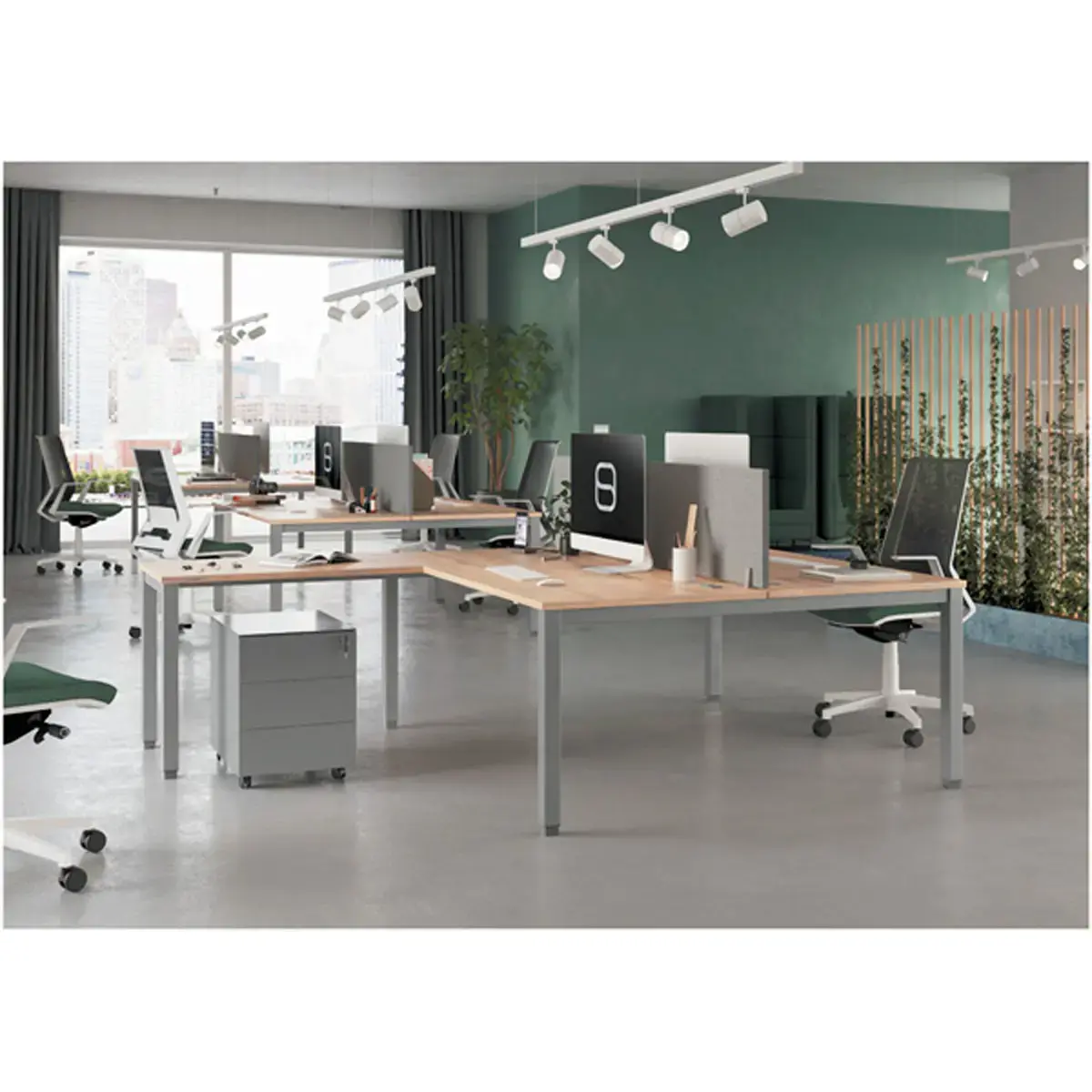 Bureau vis &agrave; vis 4 pieds 160 X 160 X 74 ch&ecirc;ne vein&eacute;/alu photo du produit