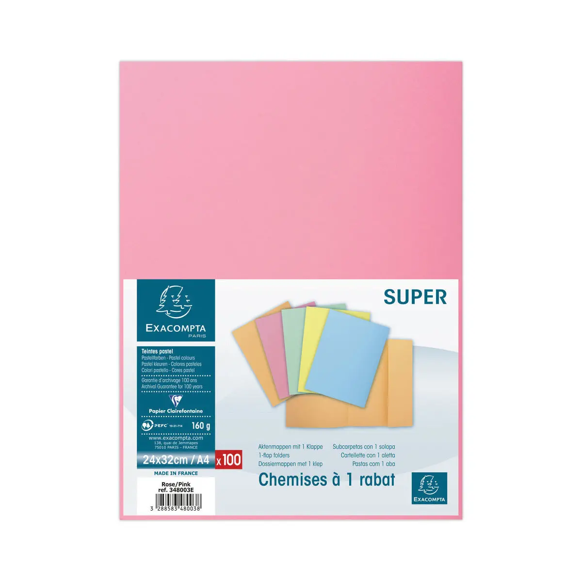 100 Chemises 1 rabat 160 g carte qualit&eacute; sup&eacute;rieure PEFC - couleurs pastel photo du produit