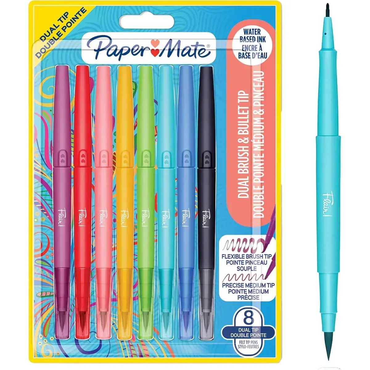 8  Stylo-Feutres Flair DUAL - Pointes pinceaux medium - Papermate photo du produit