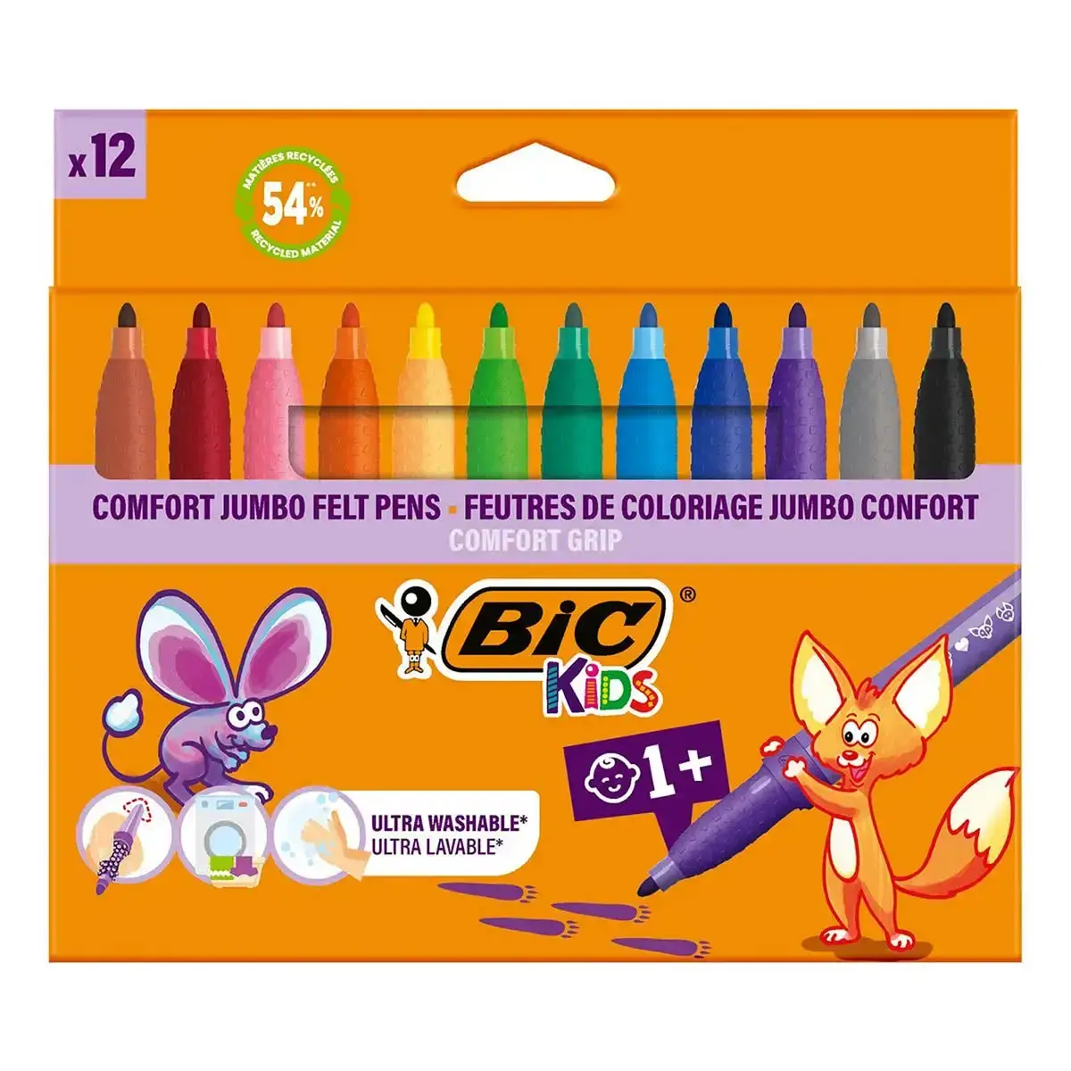 12 feutres BIC Kids Comfort Grip - Encre lavable - Pointe extra large - Coloris assortis - BIC photo du produit