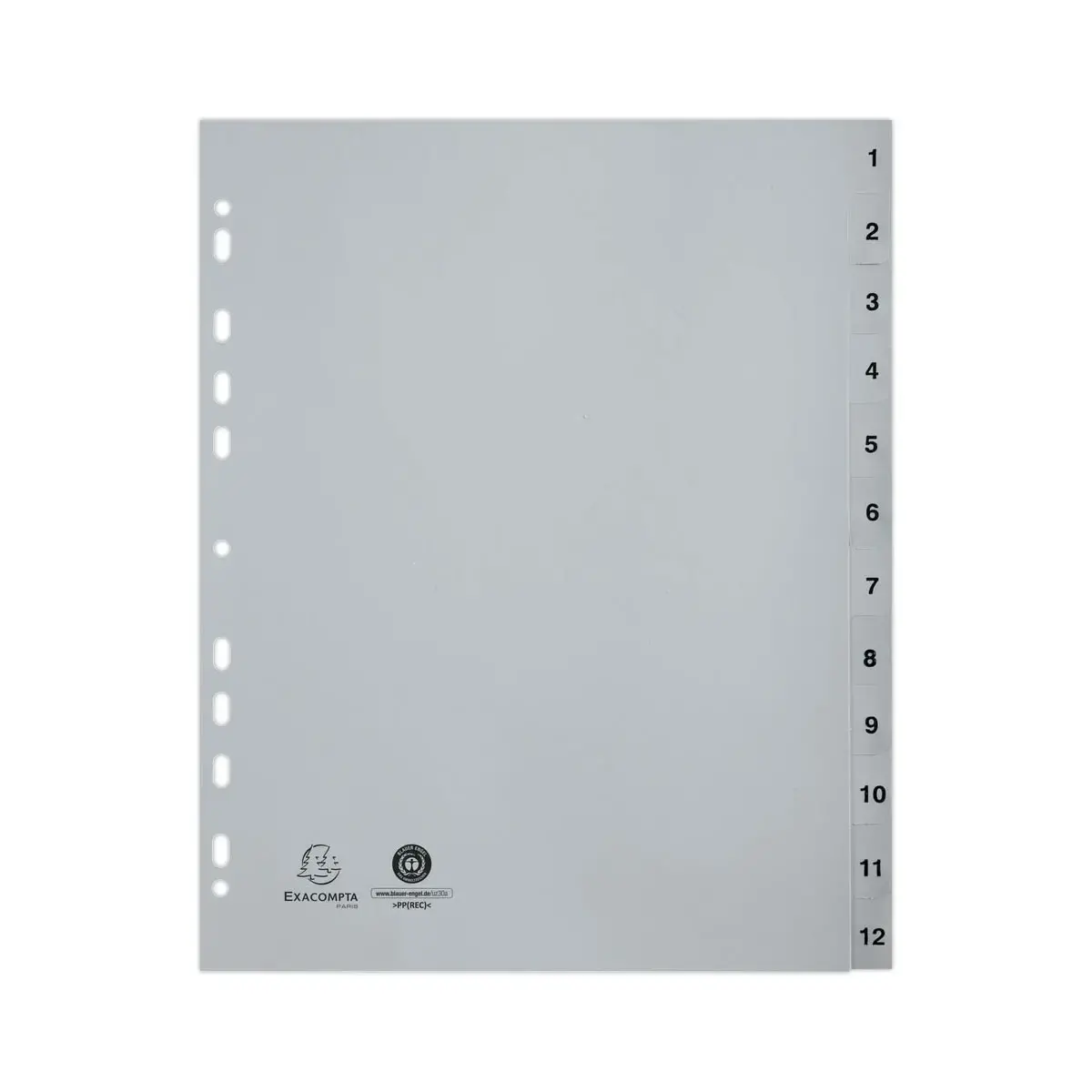 Jeu d'intercalaires imprim&eacute;s num&eacute;riques PP - gris  recycl&eacute; - 12 positions - Exacompta photo du produit