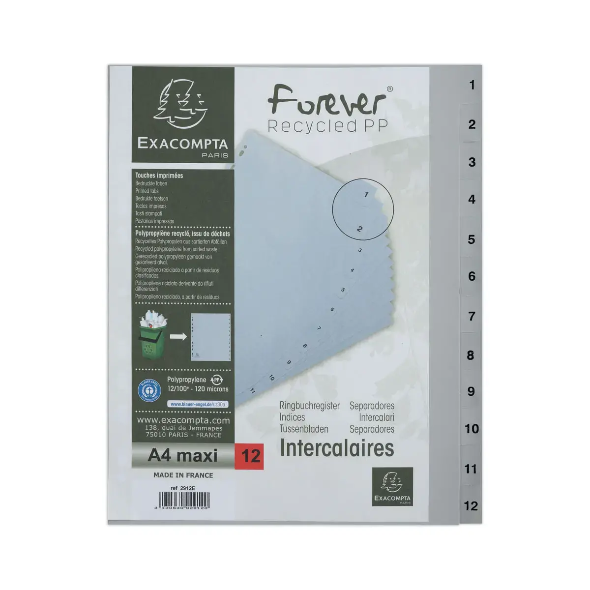 Jeu d'intercalaires imprim&eacute;s num&eacute;riques PP - gris  recycl&eacute; - 12 positions - Exacompta photo du produit