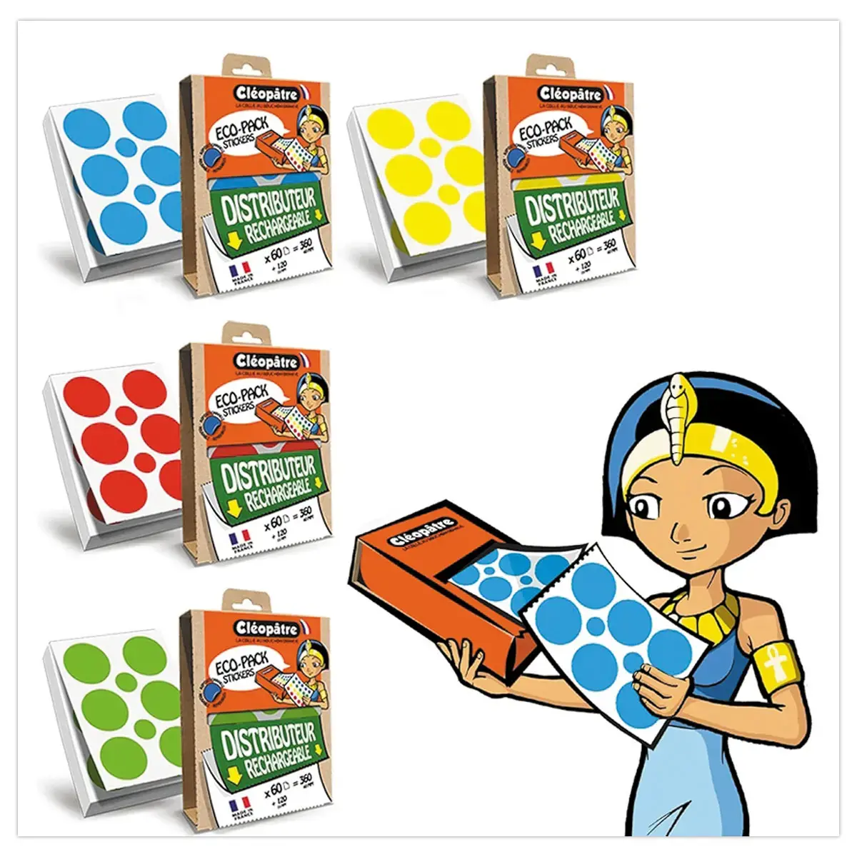 Distributeur de gommettes rechargeable - Diam&egrave;tre 8 et 18 mm - 4 couleurs - Cl&eacute;op&acirc;tre photo du produit