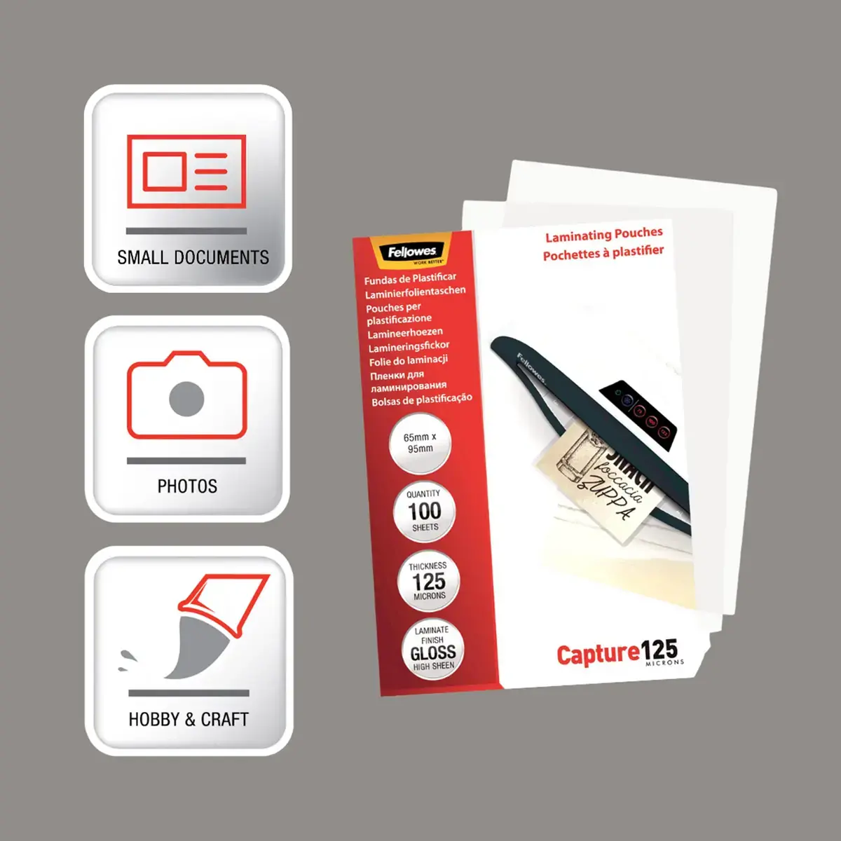 100 Pochettes plastification brillantes - 6,5 x 9,5 cm - 125 µ - Fellowes photo du produit