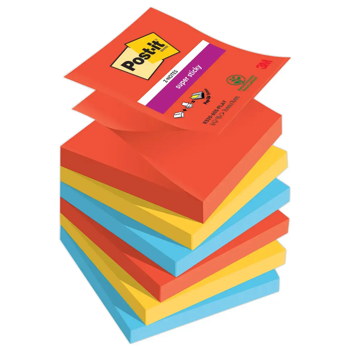 6 Blocs Z-Notes Super Sticky Playful - 76 x 76 mm - 90 feuilles - Post-It photo du produit