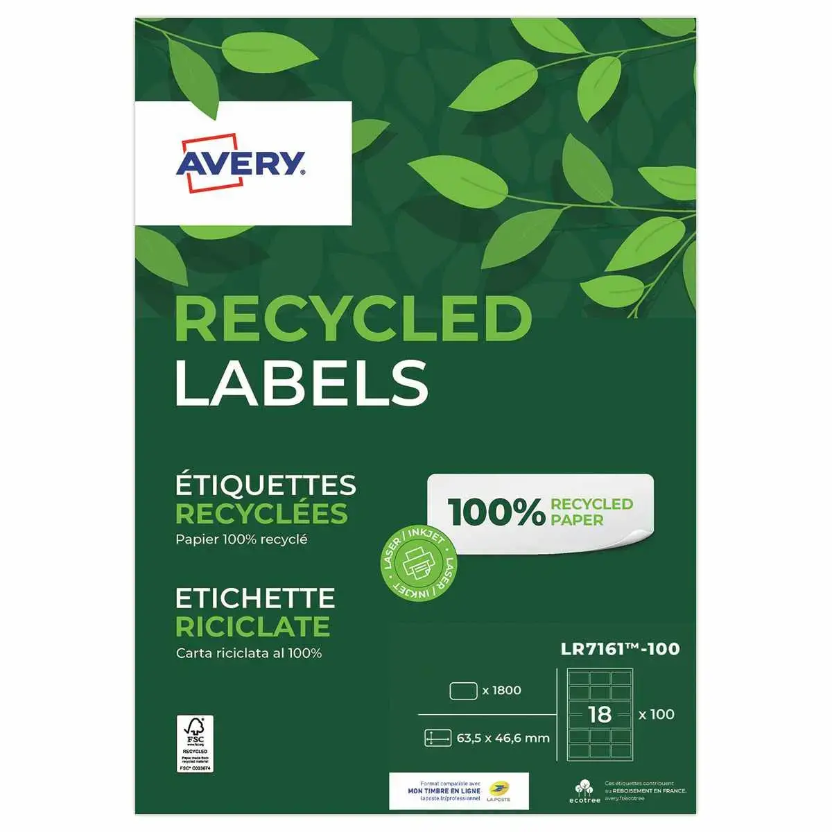 100 Planches de 18 étiquettes laser AVERY 63,5x46,6mm soit 1800 étiq/boîte photo du produit