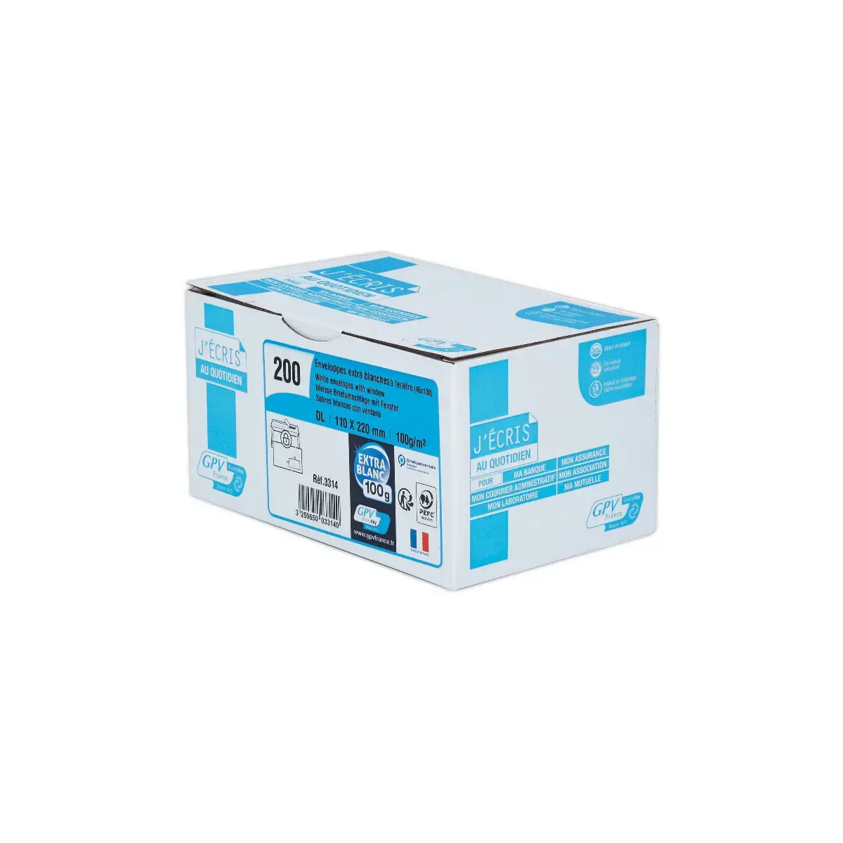 200 Enveloppes Extra blanches DL 110x220 100 g fenêtre 45x100 bande protec photo du produit