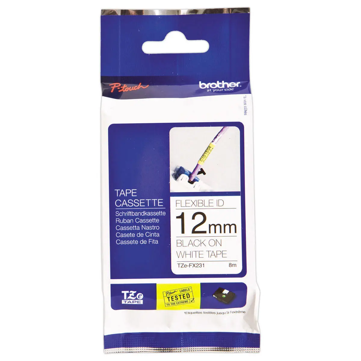 Ruban laminé flexible TZe-FX231 largeur 12mm blanc impression noire photo du produit