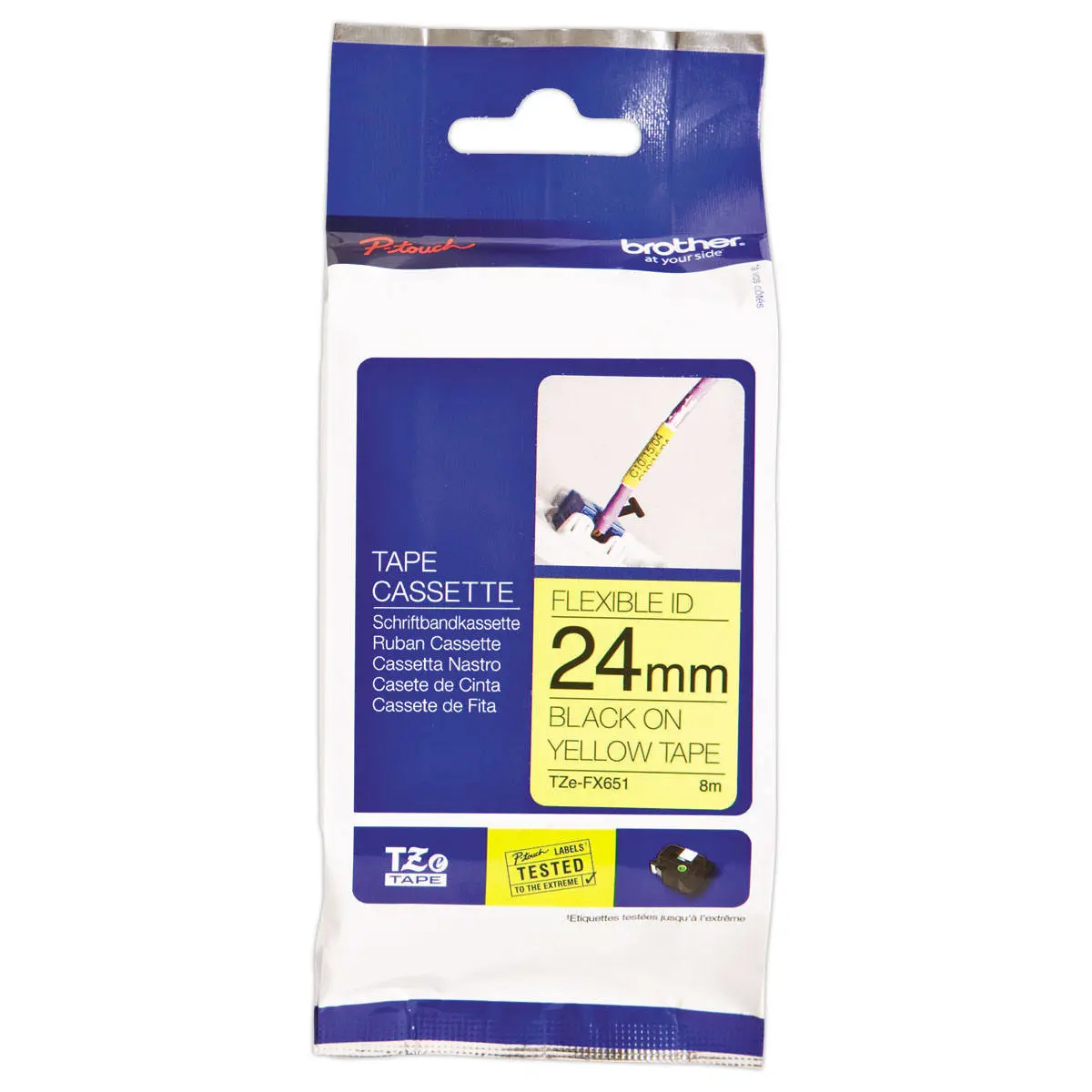Ruban lamin&eacute; flexible TZe-FX651 largeur 24mm jaune impression noire photo du produit