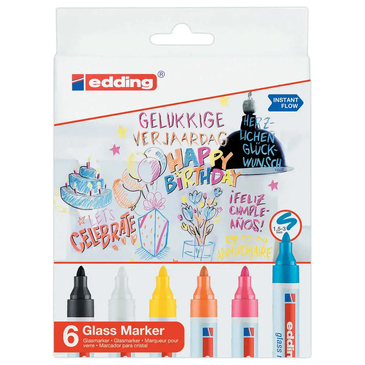 6 Marqueurs effa&ccedil;ables pour surfaces en verre Edding 95 - Pointe ogive - Coloris assortis photo du produit