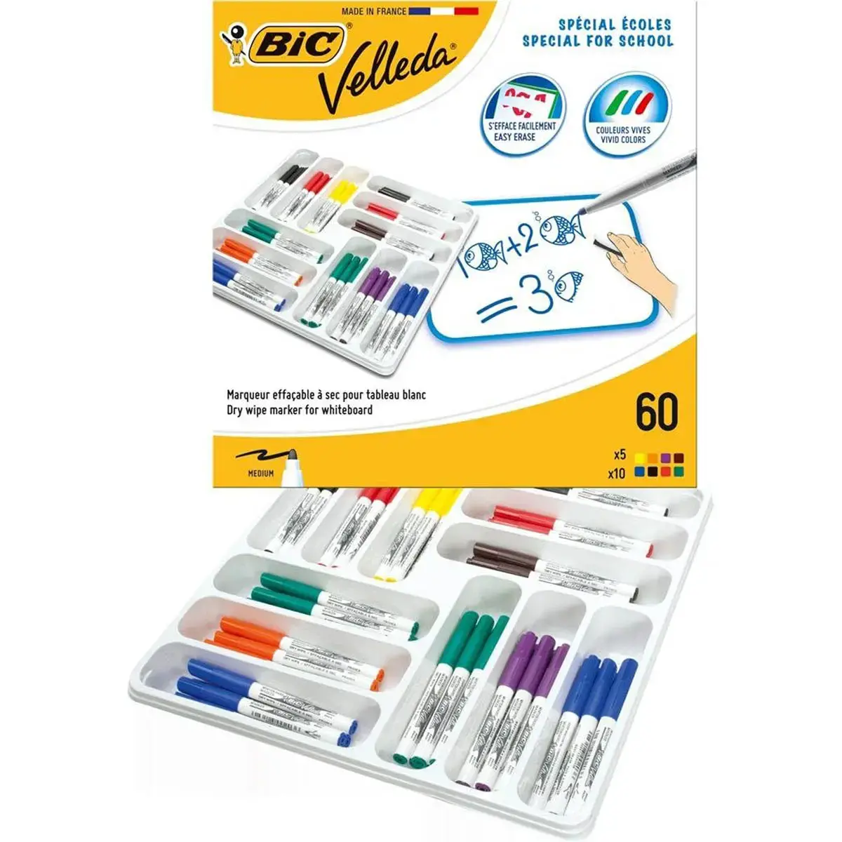 60 Marqueurs effa&ccedil;ables &agrave; sec Velleda 1741 - Ardoise blanche - Pointe moyenne - Coloris assortis - BIC photo du produit
