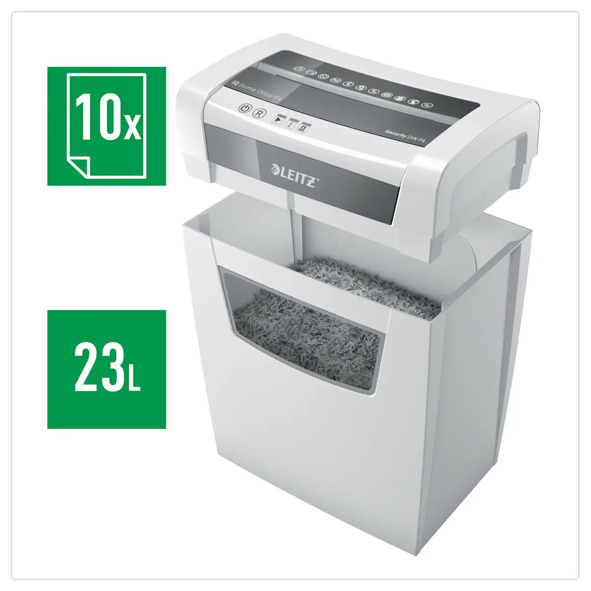 Destructeur de documents IQ Home Office P4 - Coupe crois&eacute;e - 10 feuilles - 23L - Leitz photo du produit