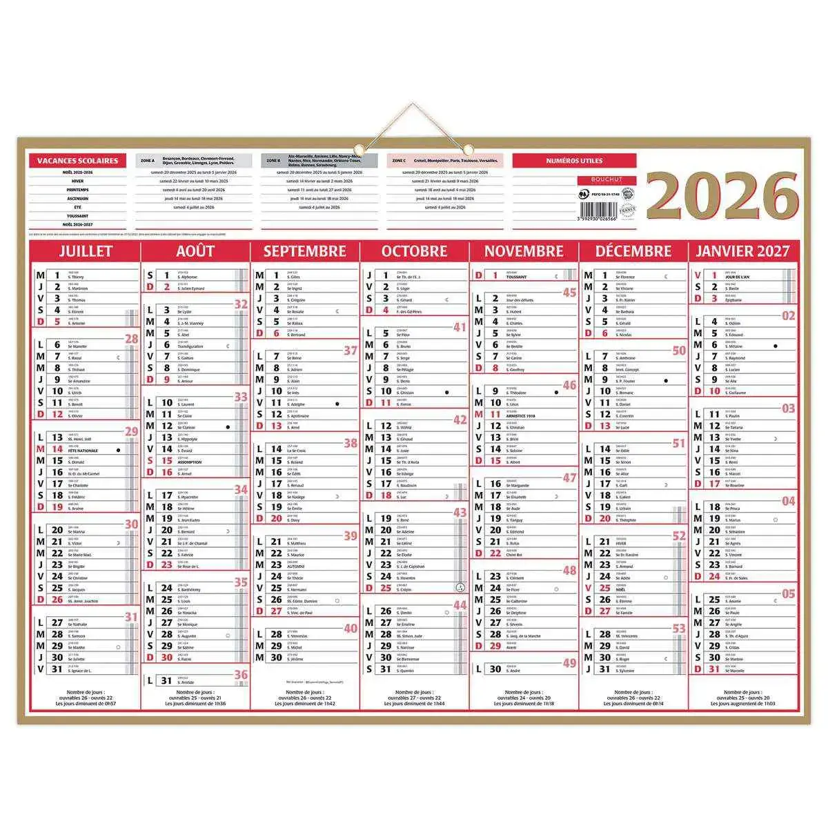 Calendrier banque  Or 14 mois -55 x 40,5 cm - Janvier &agrave; d&eacute;cembre - BOUCHUT GRANDREMY photo du produit