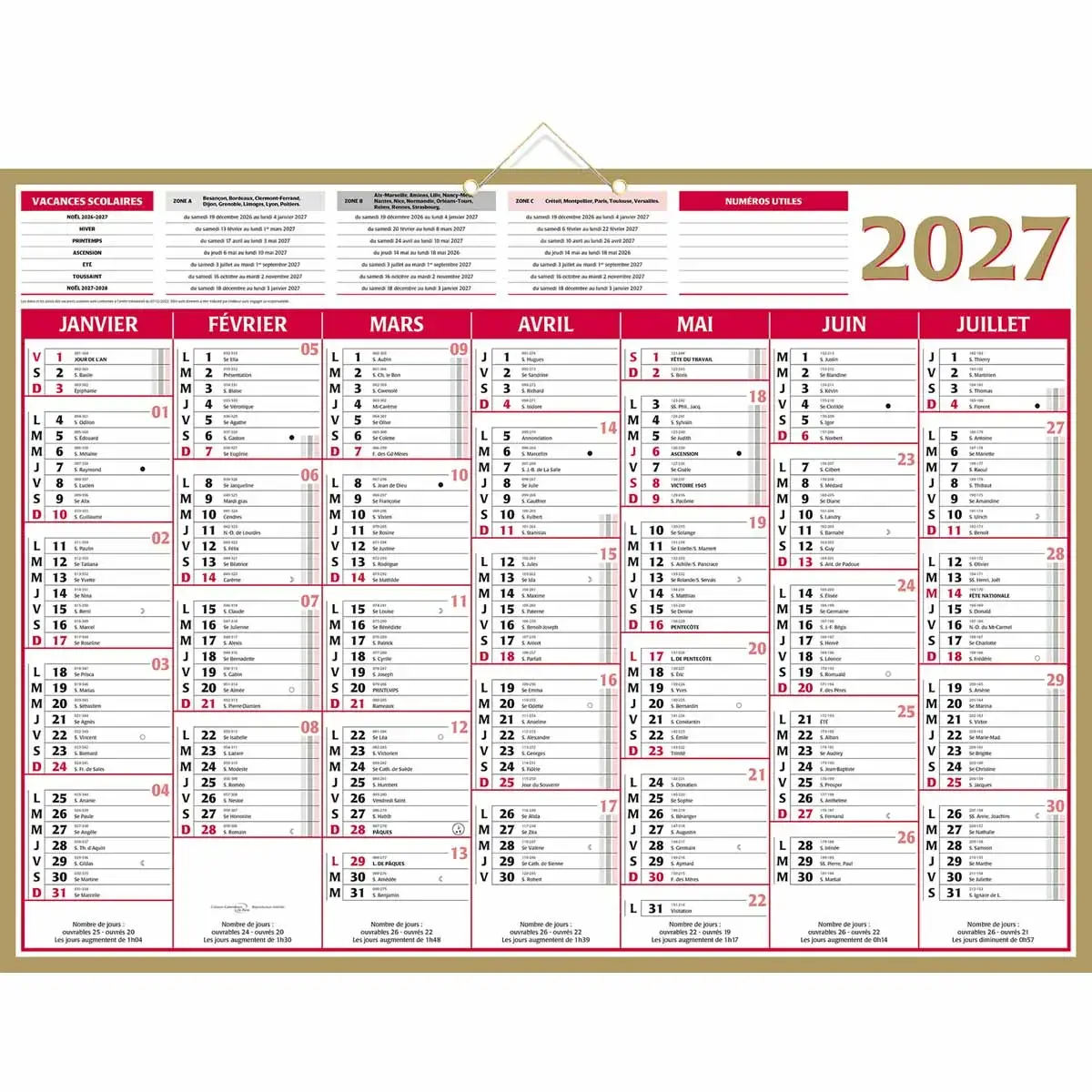 Calendrier banque  Or 14 mois -55 x 40,5 cm - Janvier &agrave; d&eacute;cembre - BOUCHUT GRANDREMY photo du produit