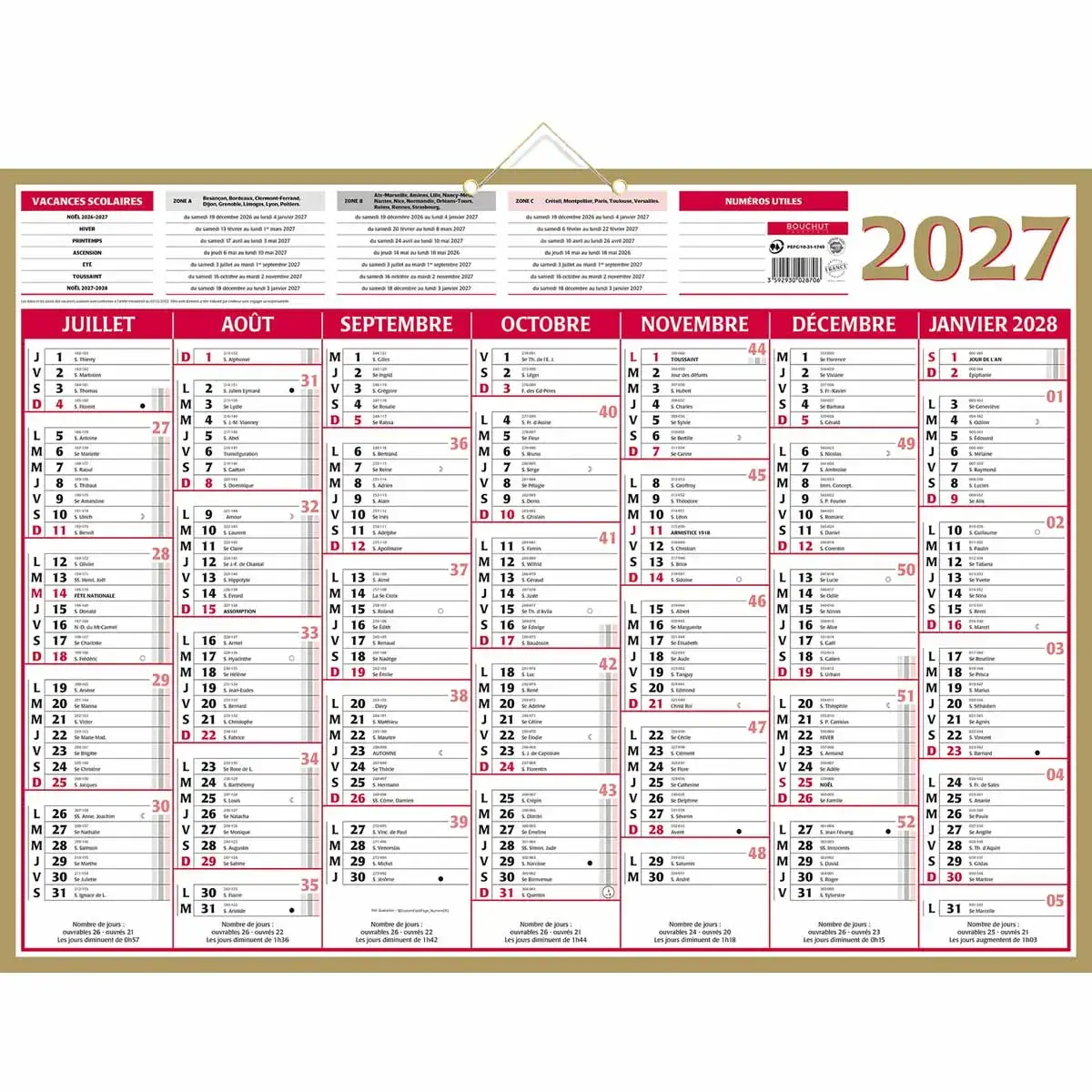 Calendrier banque  Or 14 mois -55 x 40,5 cm - Janvier &agrave; d&eacute;cembre - BOUCHUT GRANDREMY photo du produit