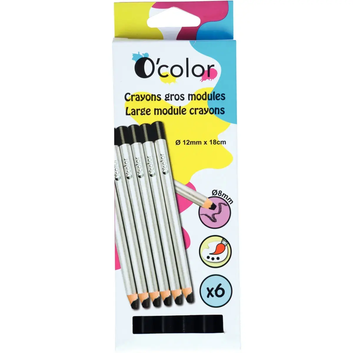6 Crayons de couleur aquarellables - Pointe large - Noir - O'Color photo du produit