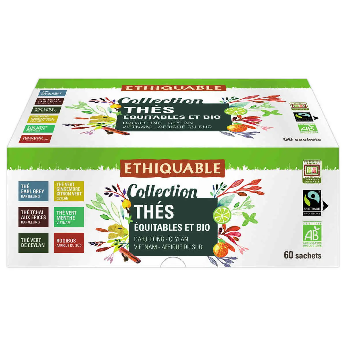 60 Sachets de th&eacute; - Th&eacute; vert, th&eacute; noir, rooibos - ETHIQUABLE photo du produit