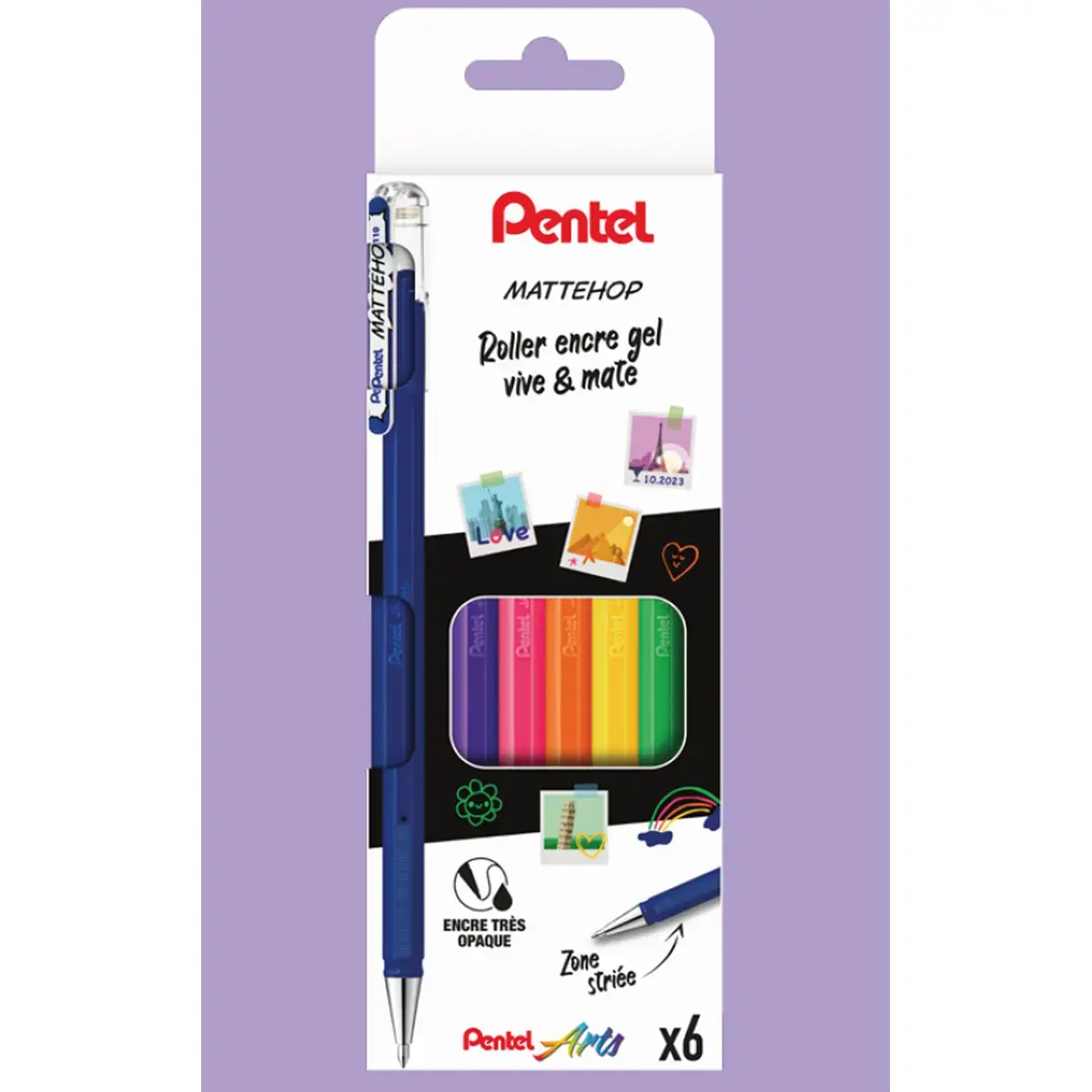 6 Stylos encre gel Mattehop - Pointe large 1 mm - Couleurs vives - Pentel photo du produit