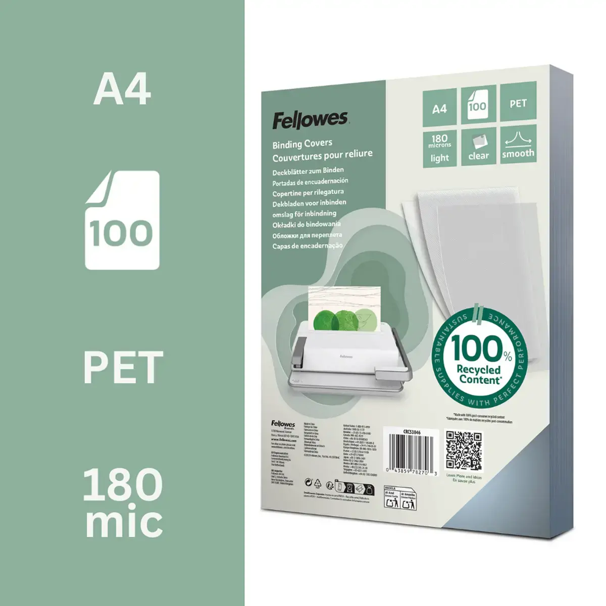100 Couvertures pour reliure – A4 – 180µ – Fellowes photo du produit